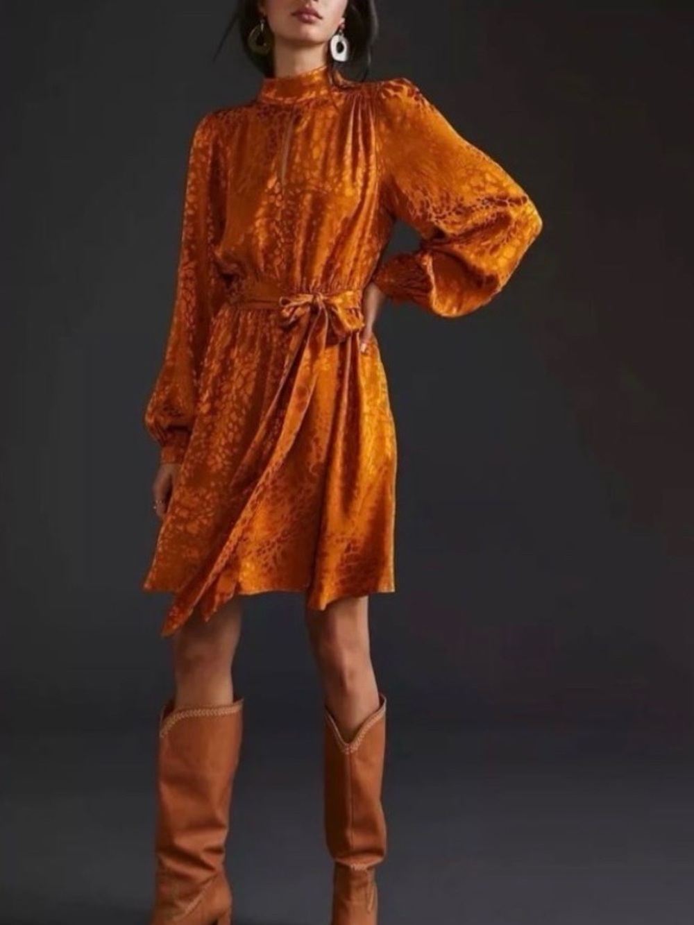 Anthropologie Rust Orange Jacquard Satin High-Neck Tie-Waist Mini Dress